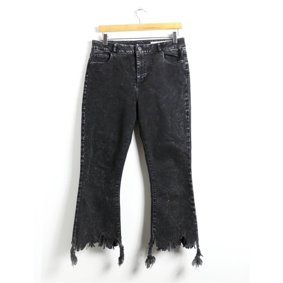 ASOS denim black jeans marble stone wash raw hem distressed cropped flared new - Picture 1 of 7